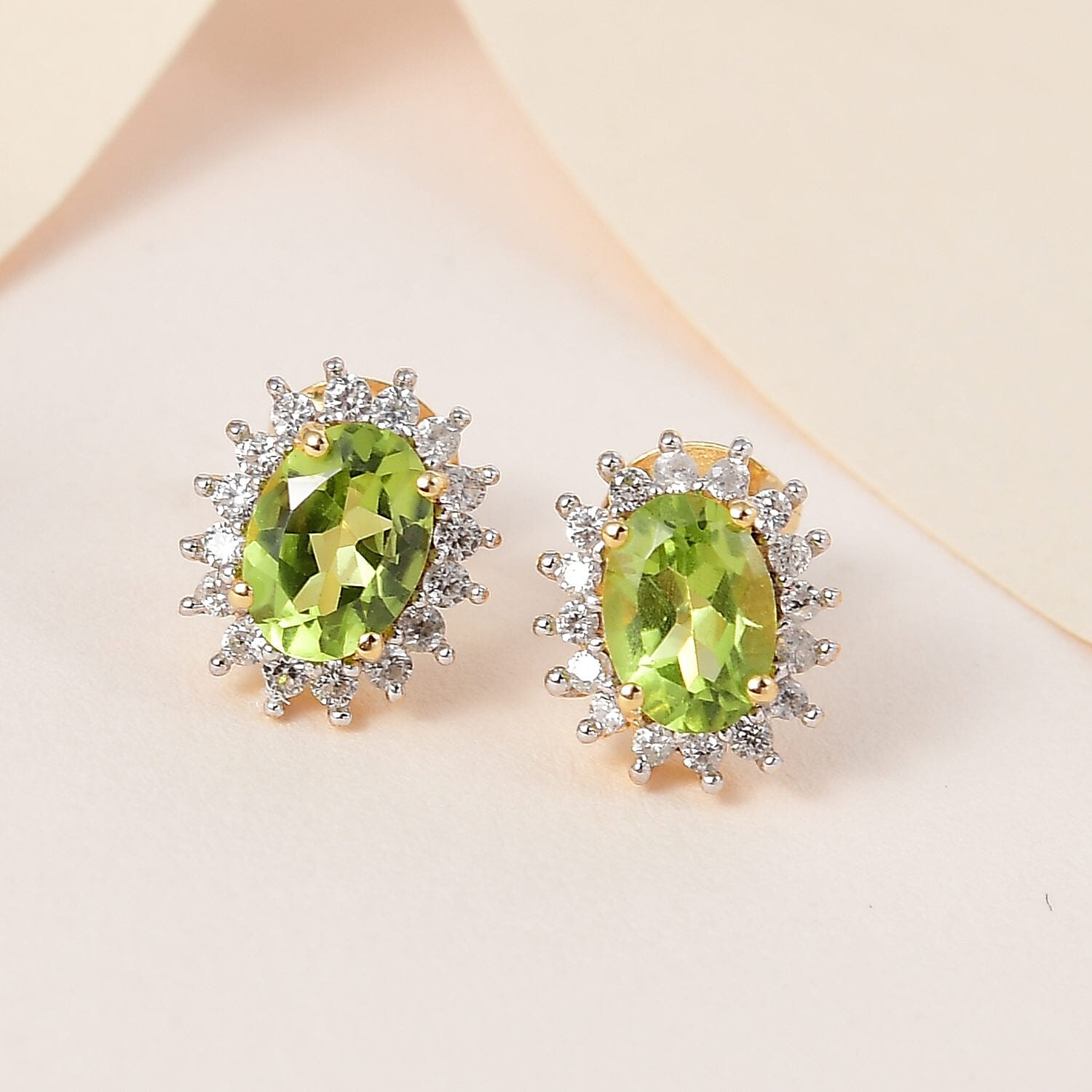 Hebei Peridot & Natural Zircon Halo Earrings with Push Back in 18K Vermeil Yellow Gold Plated Sterling Silver 2.06 Ct.